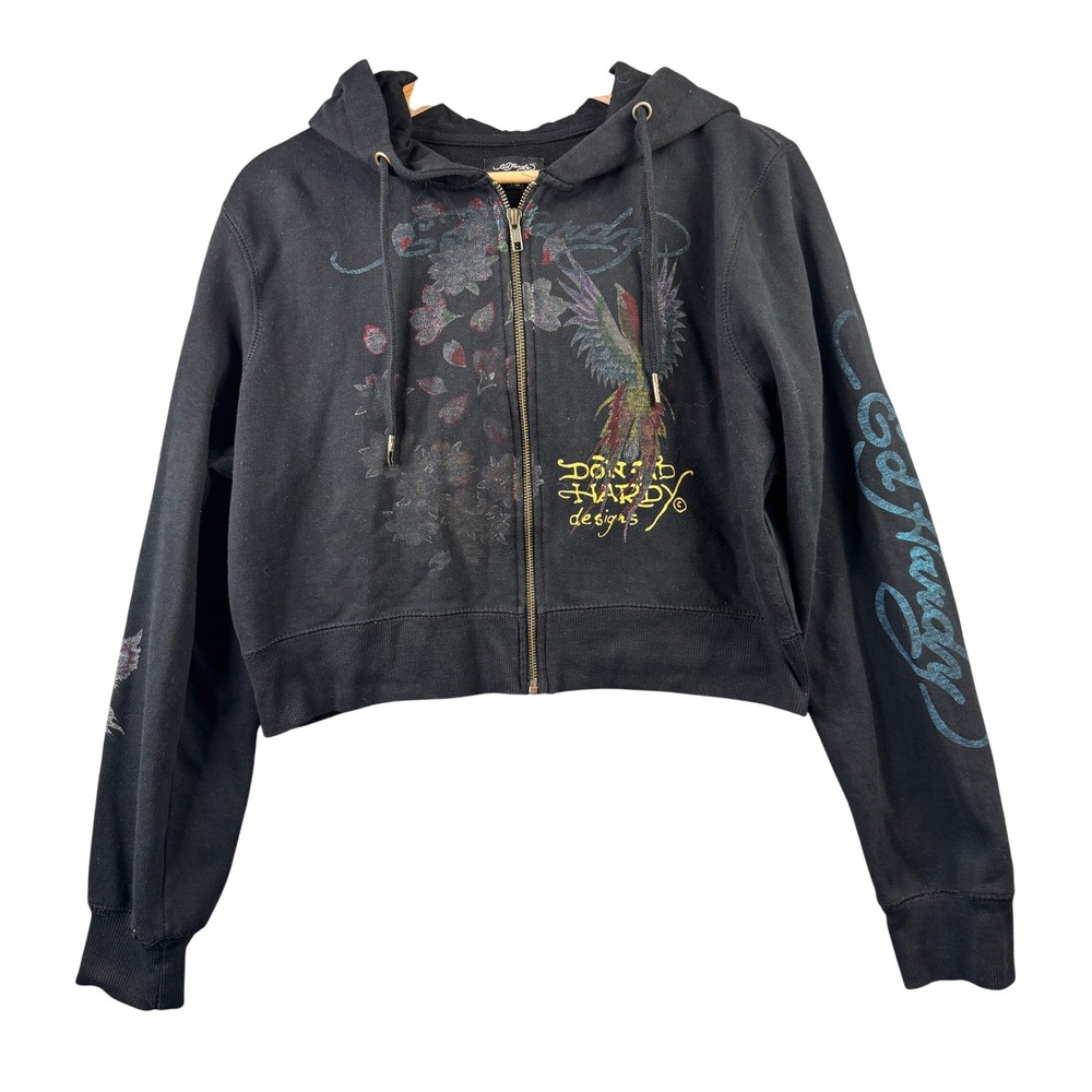 Ed Hardy Womens Crop Zip Hoodie Black Phoenix Tattoo Glitter Y2K XL EHW1800-21
